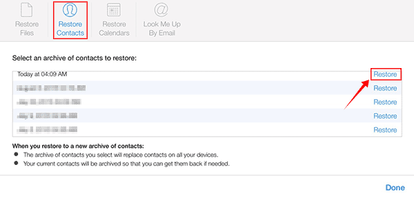 restore iCloud contacts