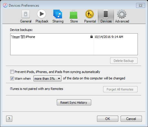 iTunes devices preferences